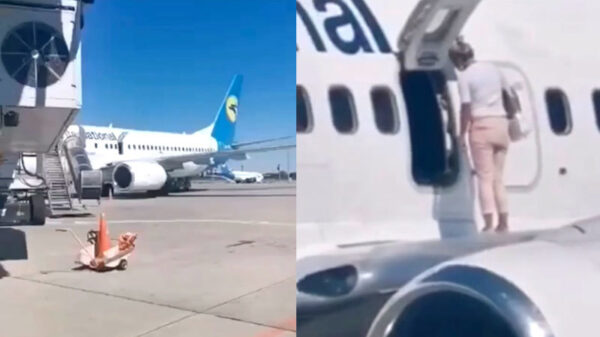 Moeders gaat luchtje op vliegtuigvleugel scheppen "omdat het zo warm is"