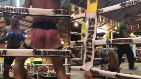 Thai-boksers doen perfect uitgevoerde dubbele knockout