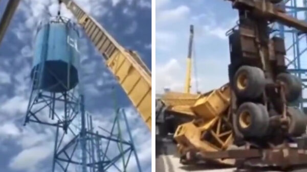 Silo blijkt toch iets te zwaar voor kraanwagen