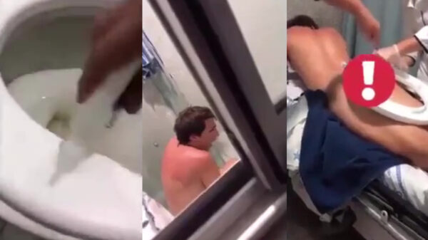 Pechvogel wordt door zijn vrienden aan de wc-bril vastgelijmd