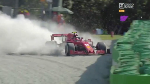 Race stilgelegd: megaklapper van Leclerc die hard in de banden rijdt