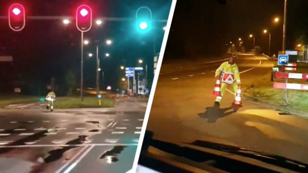 Verkeersregelaar Jeffrey rent zich een ongeluk voor de ambulance