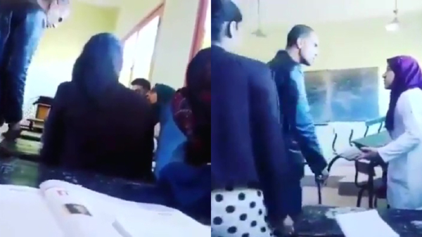 Algerijnse leraar probeert leerlinge met meubilair en al uit de klas te zetten