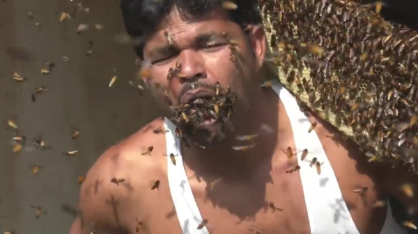 Imker uit India propt zijn mond vol met bijen