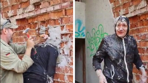 Mafkees heeft zijn hoofd in de muur laten metselen