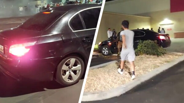 Uitslover in BMW knalt op vluchtheuvel als hij een burnout maakt