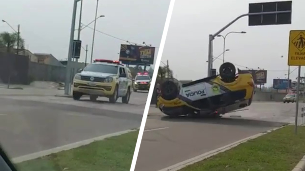 Braziliaanse politieagent flipt zijn auto op z'n kantje